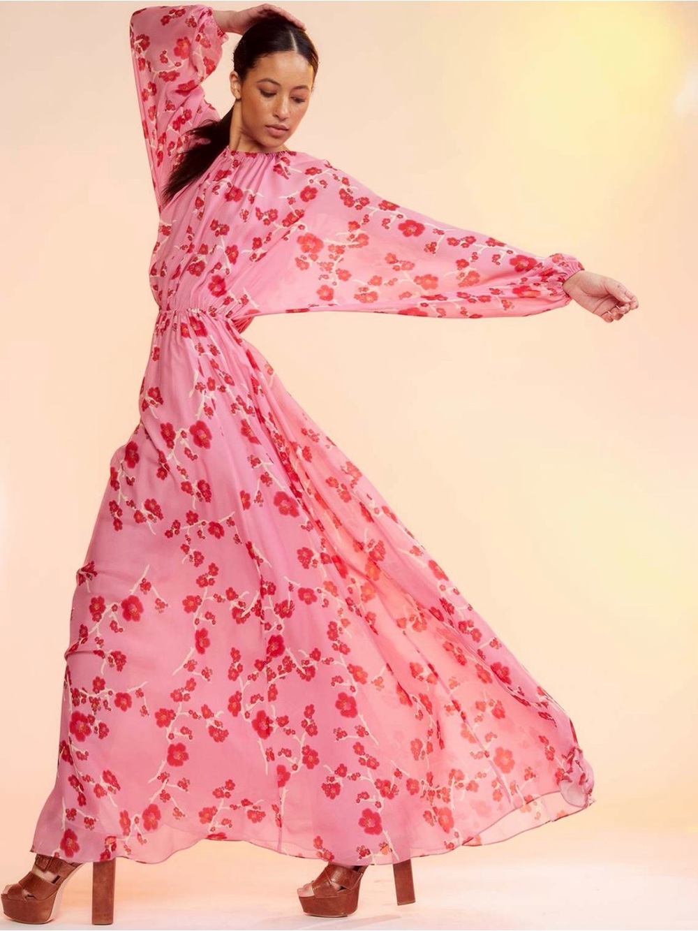 Cynthia Rowley Pink Maxi Dress with Red Floral Print